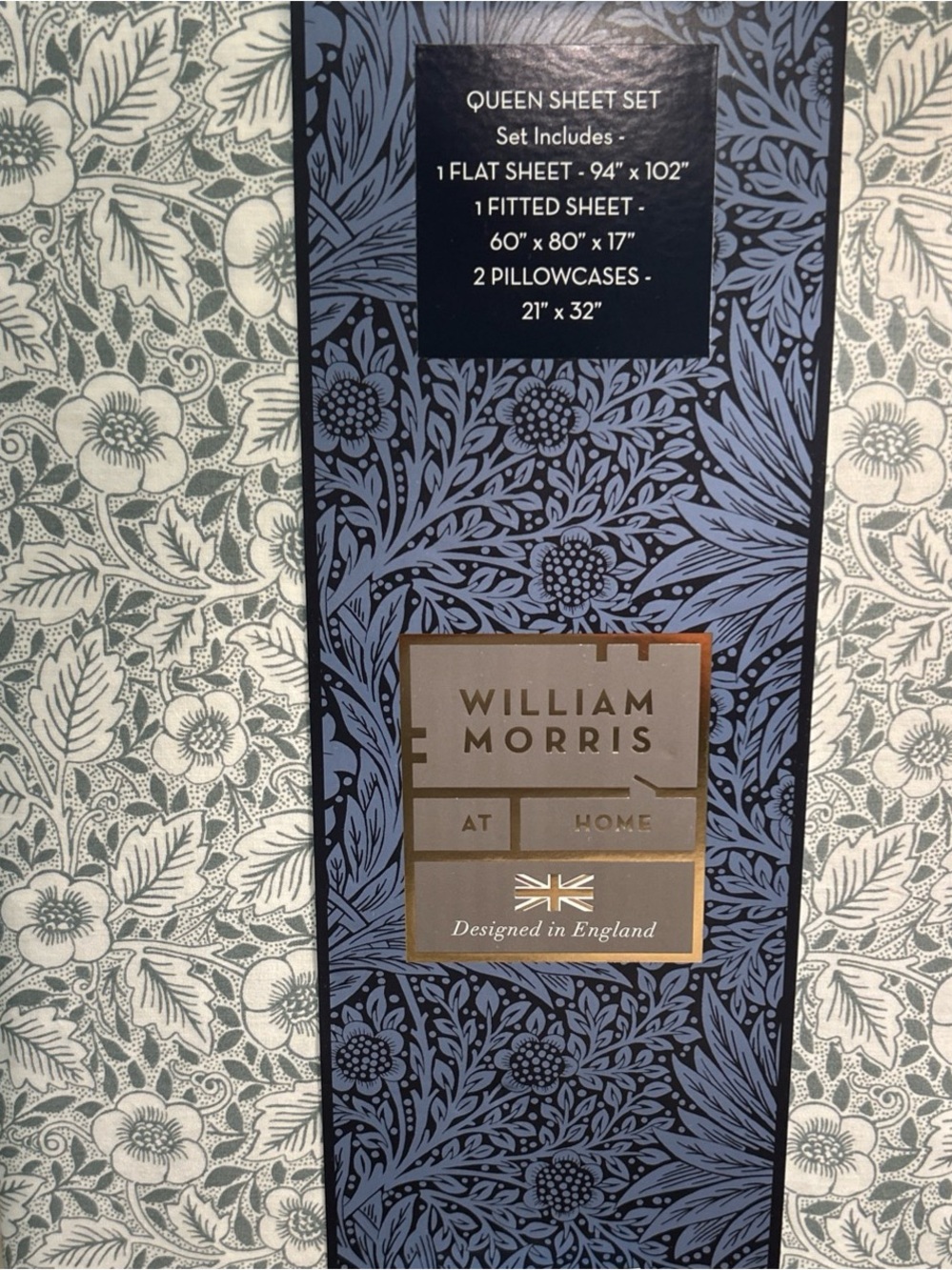 William Morris QUEEN Christchurch Mineral Green 4 Piece Cotton Percale Sheet Set